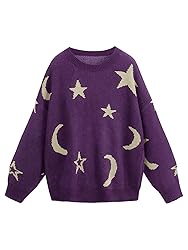 WDIRARA Women's Star Moon Print Long Sleeve Sweater