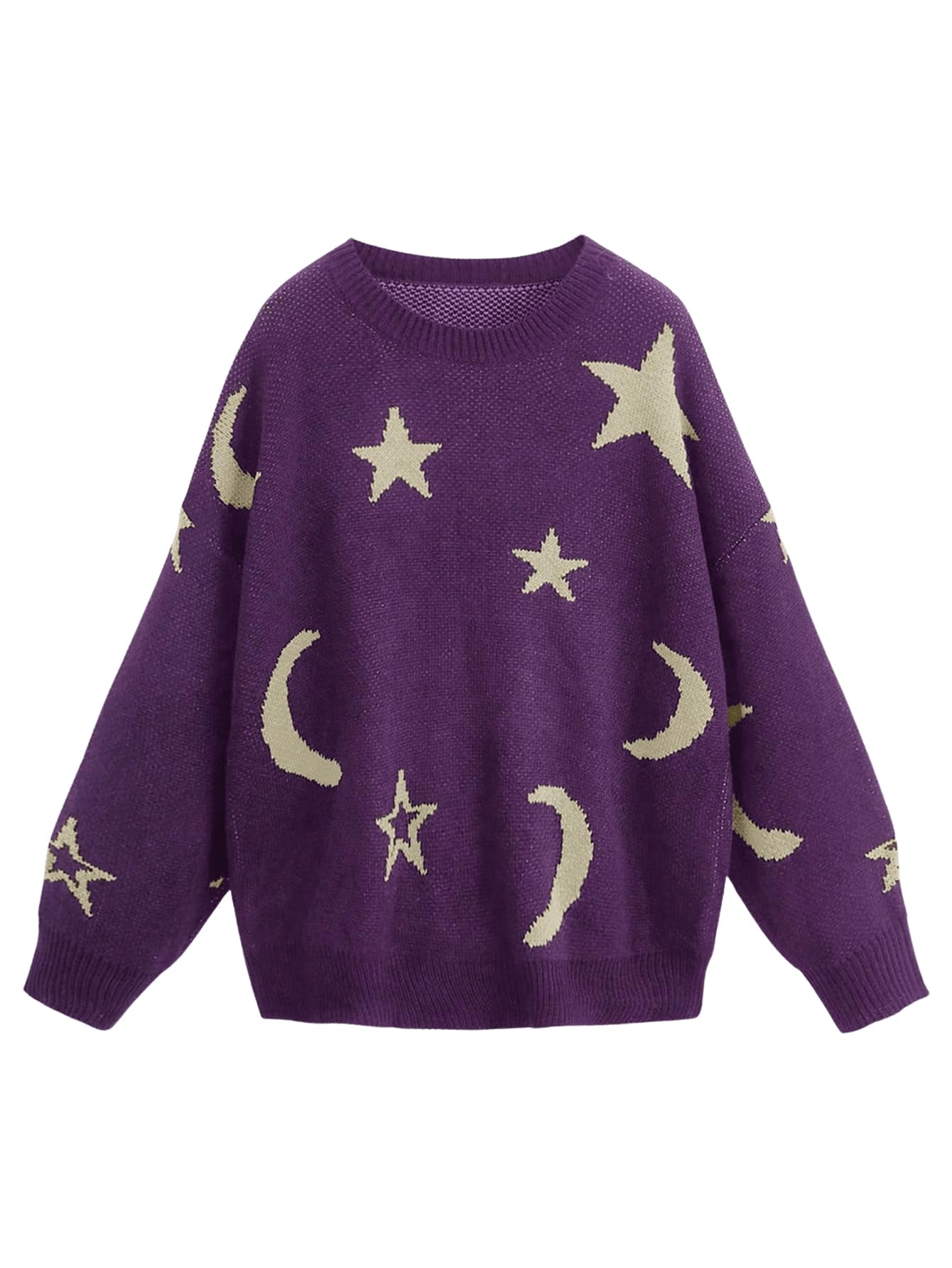WDIRARA Women's Star Moon Print Long Sleeve Sweater