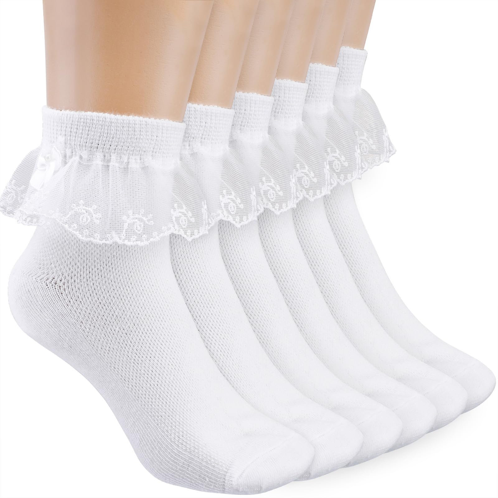 Photo 1 of DIVINA VITAE 3 Pairs Frilly Socks for Girls White Lace Socks with Bows Dress Ankle Sock Cute School Thin Cotton Sock
