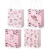 AmazingSpark 24 Pcs Cowgirl Party Favors Bags Girl Pink Western Goodie Bags Rodeo Pink Bow Paper Wild West Cow Print Party Gift Bulk for Baby Shower Birthday Bachelorette Last Rodeo Decorations