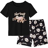 Vopmocld Big Girls Summer Short Sleeve Pajama Sets Cute Cat Patterns Sleepwear Nighty 100% Cotton
