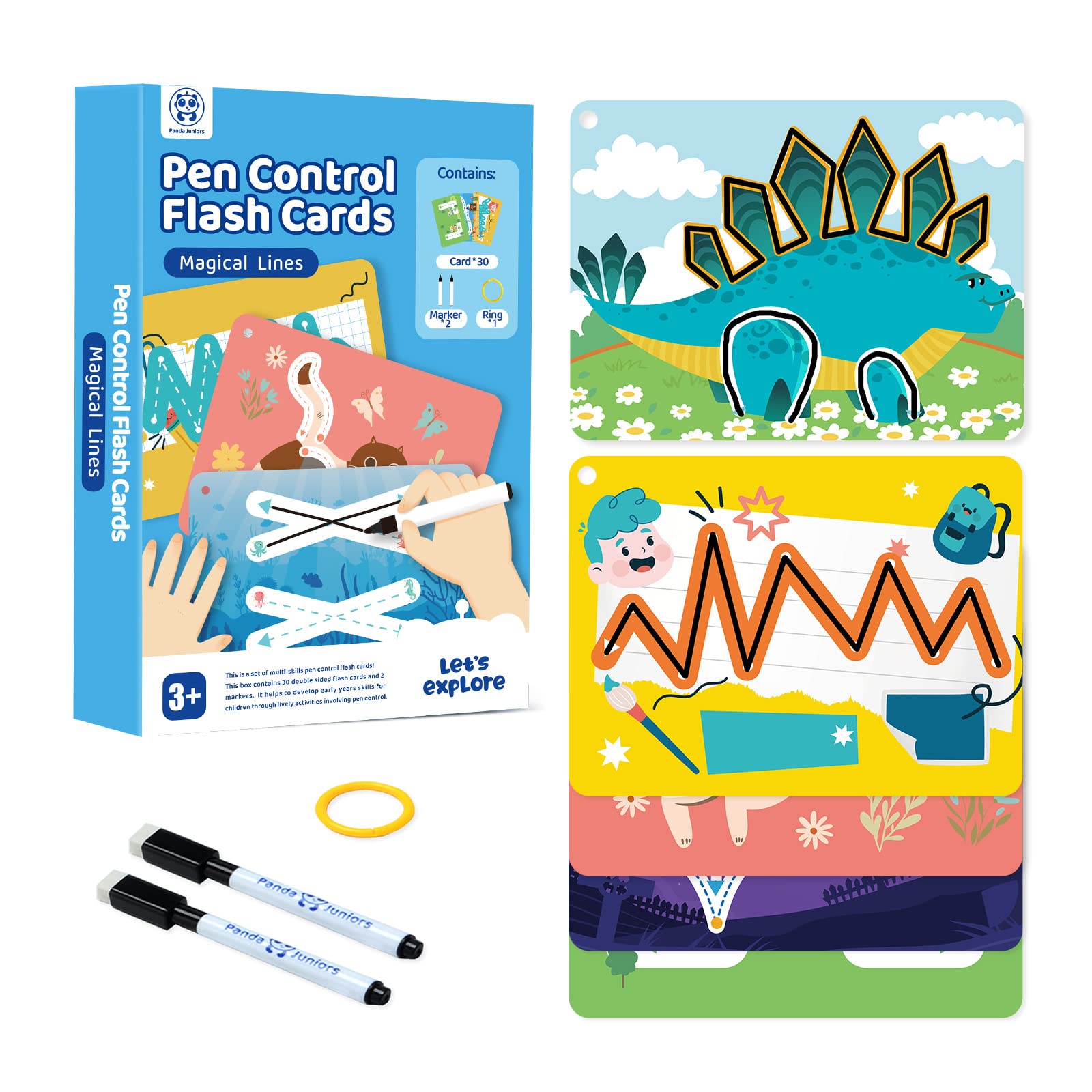 Panda Juniors Pre-Writing Flash Cards for Kids Ages 3+ | Magical Lines Pen Control Tracing Set with 30 Reusable large Cards, 2 Dry-Erase Markers & Ring – Early Learning Toy for Toddlers & Preschool