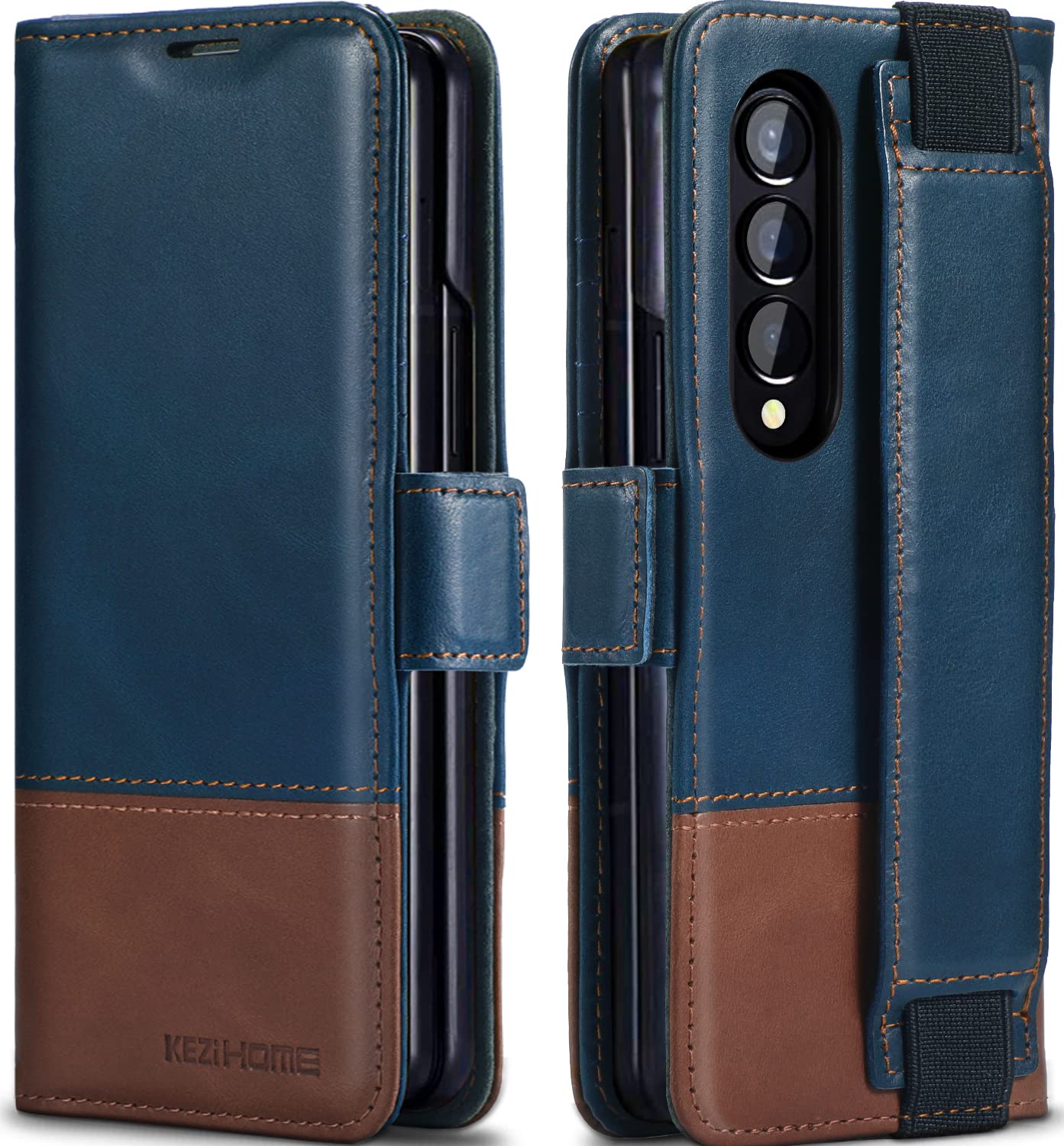 KEZiHOME for Galaxy Z Fold 4 5G Case, Genuine Leather Wallet Case with Card Holder [RFID Blocking] Kickstand Magnetic Book Flip Case Compatible with Samsung Galaxy Z Fold 4 2022 (Royal Blue/Brown)