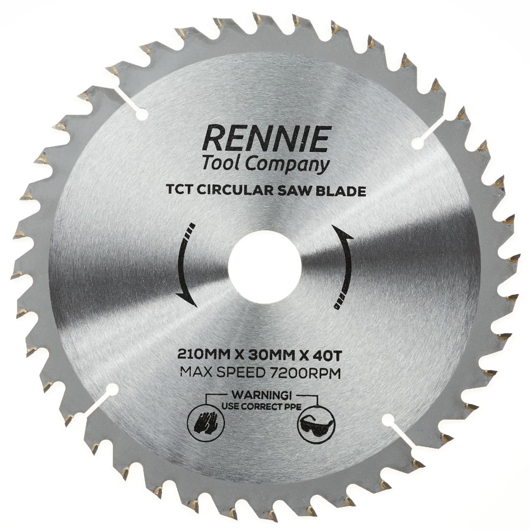 Rennie Tools - 210mm x 30mm x 40T TCT Circular Wood Saw Blade Includes 25mm 20mm & 16mm Bore Reduction Rings. Compatible with Festool Bosch Makita Dewalt Circular Saw, Fits 216mm circular saws.