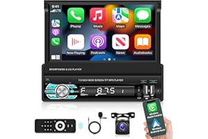 NHOPEEW Single Din Flip Out Touchscreen Car Stereo Wireless Apple Carplay and Android Auto - 7 inch 1 Din Radio Bluetooth Mirror Link USB Type C + AHD Backup Camera and Remote Control