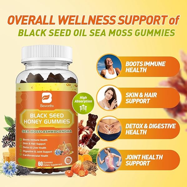 (2 PACK) BLACK SEED OIL SEA MOSS GUMMIES WITH ASHWAGANDHA, BURDOCK ROOT, LINDEN HONEY, ELDERBERRY, TURMERIC, VITAMIN C, D3 & ZINC – SUPPORTS IMMUNITY, JOINTS, DIGESTION, HAIR & SKIN, VEGAN GUMMIES 120