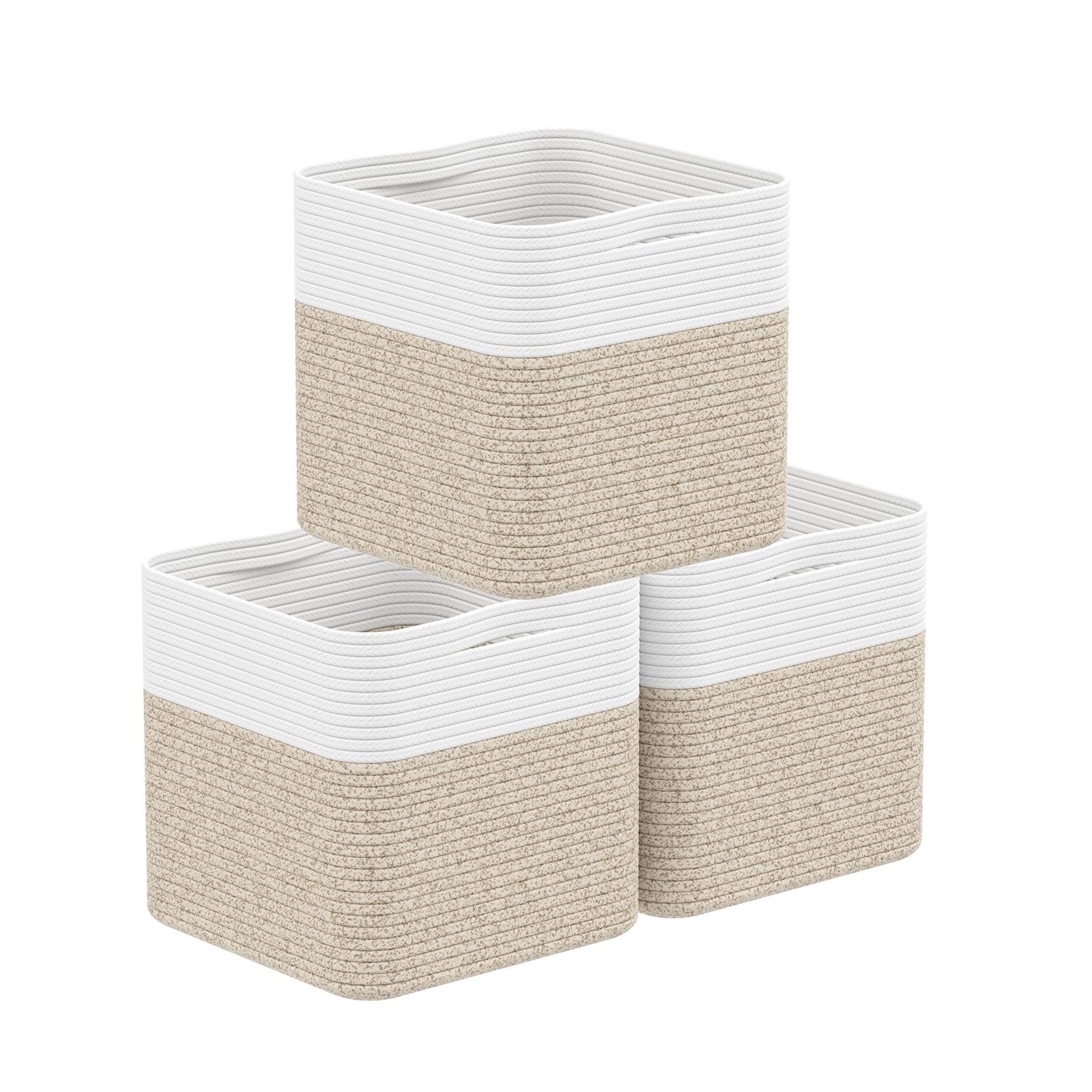 Photo 1 of Storage Cotton Cubes 11 Inch, Woven Cotton Rope Storage Baskets for Toys Blanket Organizing, Storage Bins Decorative Organizer with Handles for Living Room Laundry Room Closet (3 Pack, Oatmeal Brown)