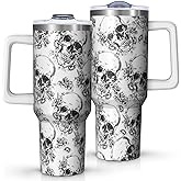 Geliao Lianglo 40oz Skull and Rose Tumbler with Handle and Straw,Black White Gothic Insulated Mug, Gifts for Edgy Style Skull Enthusiasts