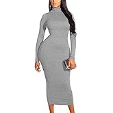 GOBLES Women's Elegant High Neck Long Sleeve Bodycon Midi Party Long Dress