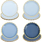 AimFun 48 Pcs Dusty Blue Scalloped Party Plates Gold Foil Border Paper Plates Disposable 9inch Gradient Serving Plates for Birthday Wedding Bridal Baby Shower Party Supplies