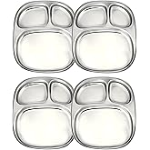 WG inc Stainless Steel compartment plates, 3 in 1 divided Oval Dinner plates, Indian Thali Breakfast Lunch platter, Mess trays for Adults, kids, Toddlers, Outdoor, Camping (Large, 4 Pack)