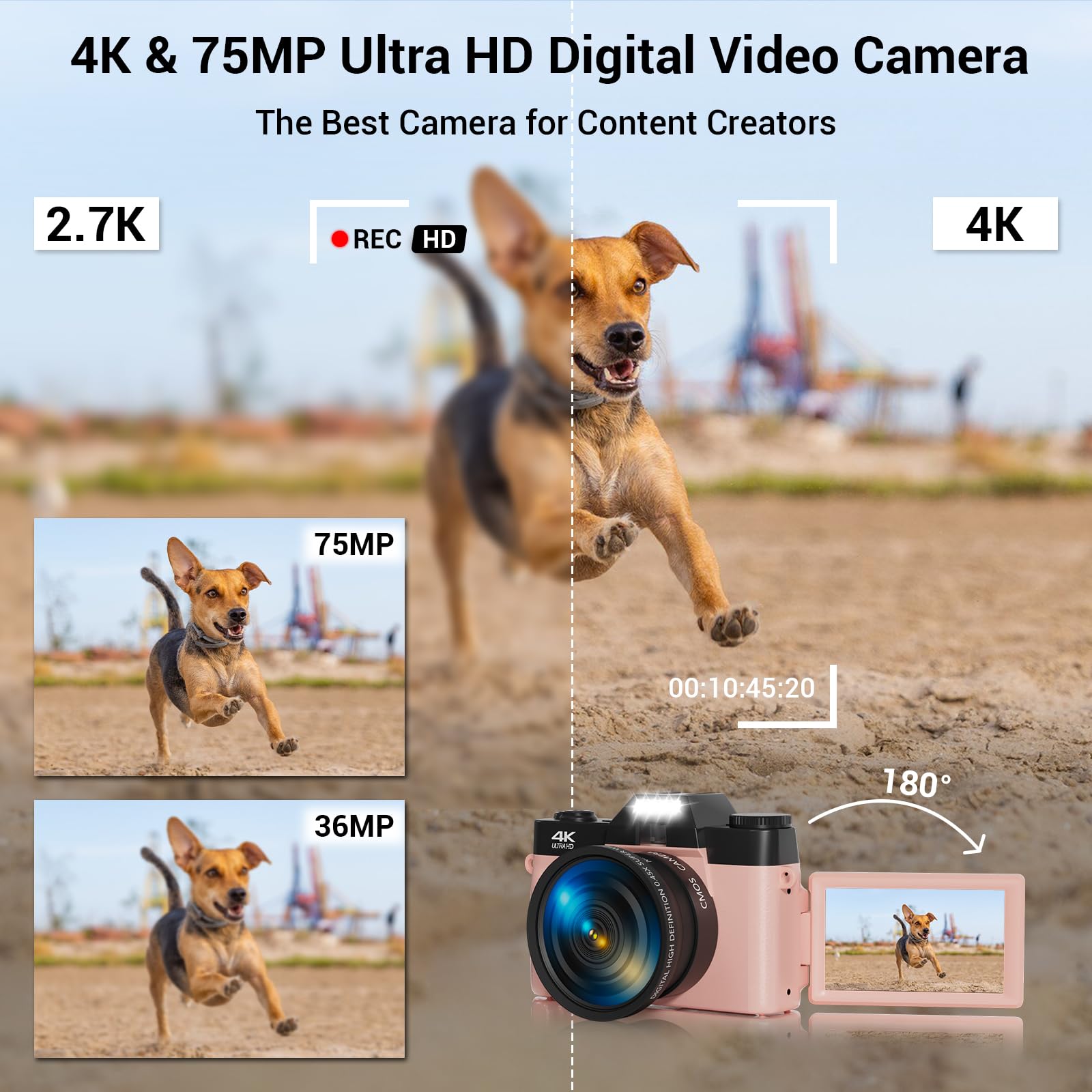 Digital Camera, FHD 4K 75MP WiFi Vlogging Video Camera for YouTube with 3'' 180°Flip Screen, 64GB SD Card, 16x Digital Zoom, 2 Batteries, Point and Shoot Digital Camera for Beginner (Pink)