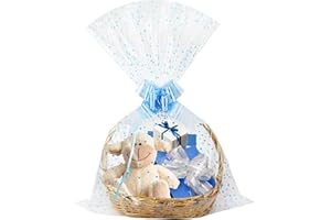 Yotelab Easter Large Cellophane Bags, Blue Heart Cellophane Wrap for Gift Basket, 22x33 Inches,10 Pieces Cellophane Gift Bags