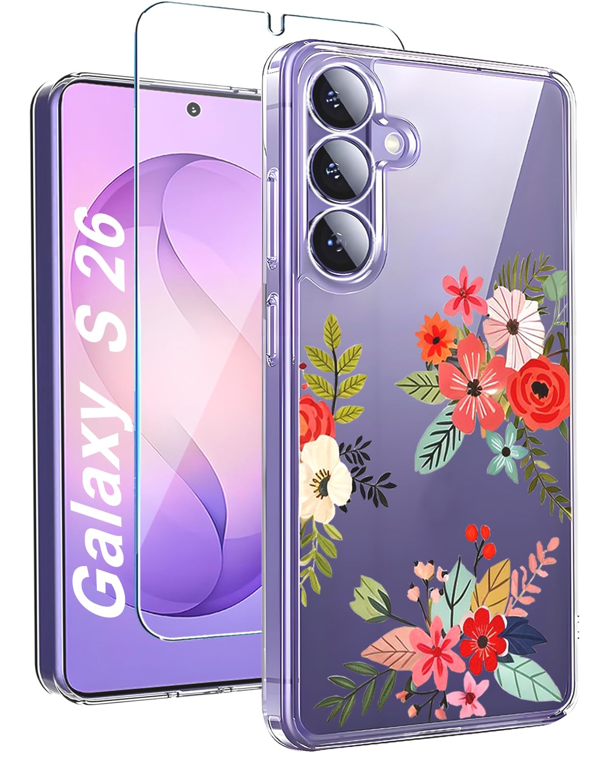 TXXO for Samsung Galaxy S26 Case Clear Cute Flowers Floral Galaxy s26 Cases Girly with Screen Protector[Camera Cover] Slim Shockproof Cover for Samsung S 26 Phone Case for Women Flower -5