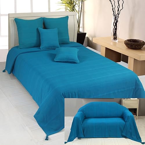 TURQUOISE TEAL SATIN THROW BEDSPREAD WITH PILLOW SHAMS DOUBLE / KING