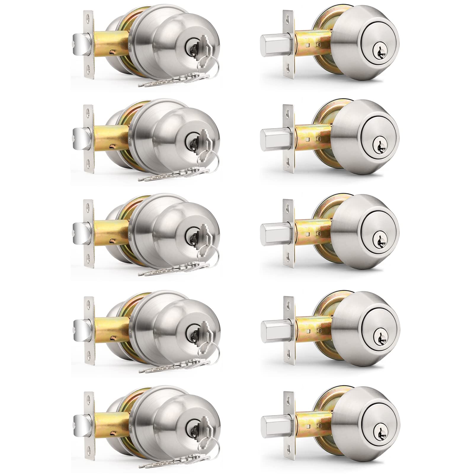 Photo 1 of Probrico 5 Sets-Keyed Alike Entry Door Knob with Single Cylinder Deadbolts, Keyed Handleset for Front Door Exterior and Interior Hardware, Entry Lockset Lever Set Satin Nickel, Contractor Pack