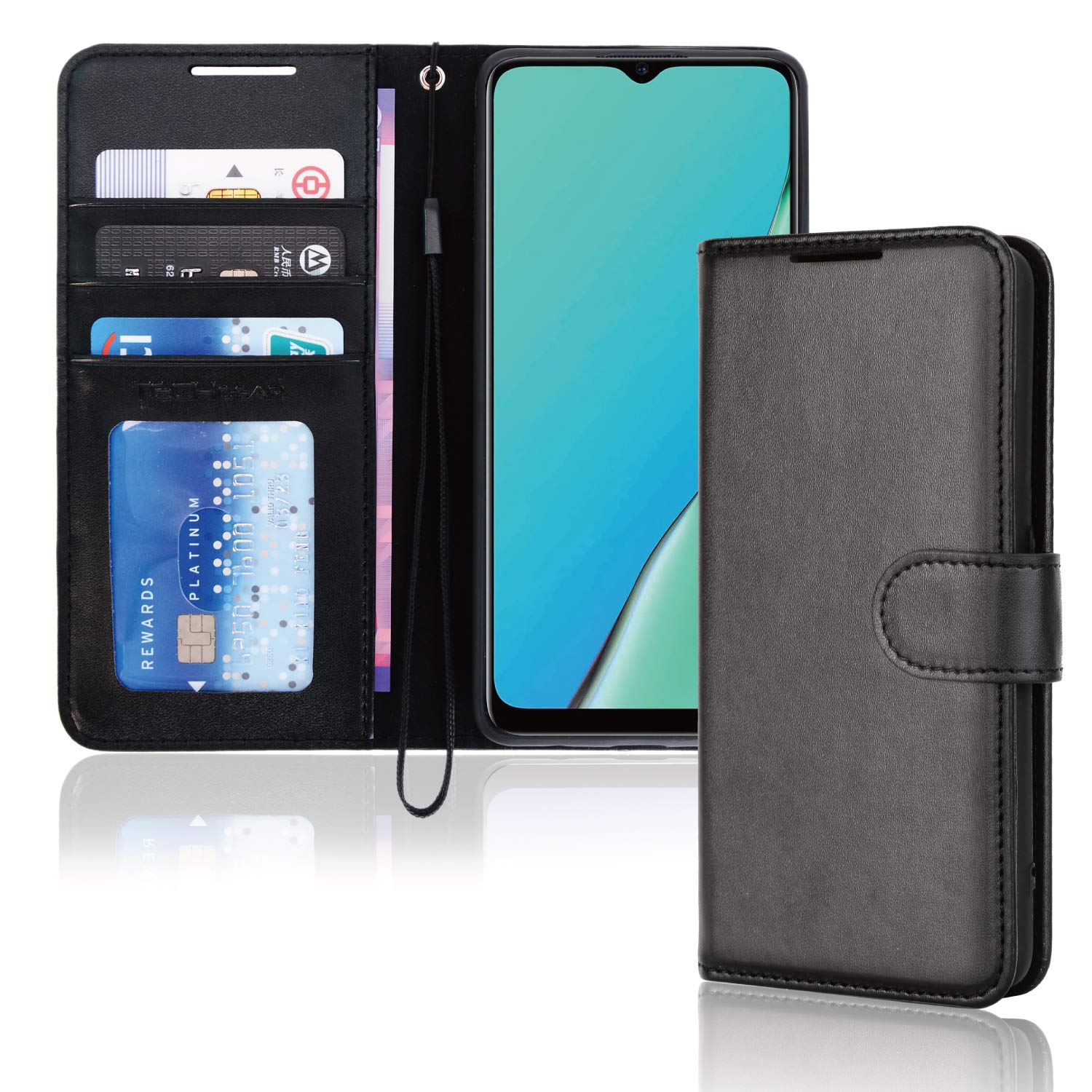 TECHGEAR Leather Wallet Case for Oppo A9 2020 / A5 2020, Flip Protective Case Cover with Wallet Card Holder, Stand & Wrist Strap - Black PU Leather with Magnetic Closure Designed For Oppo A9 / A5 2020