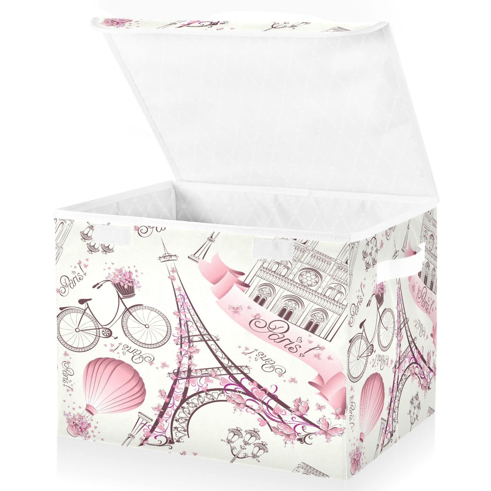 Mnsruu Storage Boxes with Lids, Paris Eiffel Tower Flower Large Storage Basket Organizer Shelves Cube Bin Toy Clothes Underbed