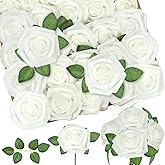 WLT 25Pcs White Roses Artificial Flowers Bulk, Real Looking Foam Rose with Stems for Home Decorations DIY Wedding Bouquets Floral Arrangements Bridal Shower Valentine's Day