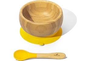 Avanchy Baby Toddler Infant Feeding Bowls. Stay Put Natural Bamboo Suction Bowl + Soft Tip Silicone Spoon Set. BPA Free. Grea