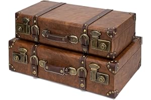 feilario Vintage Leather Storage Trunk Small Portable Decorative Luggaage Suitcase Movie Prop Luggage-2Size Option (Brown, S/L Set)