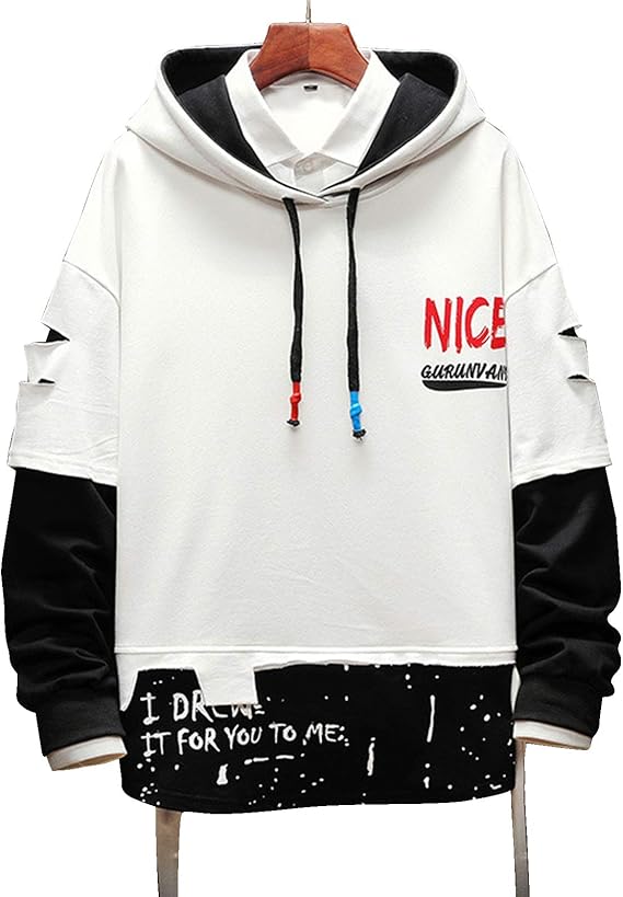 パーカー メンズ 長袖 フード付き レイヤード風 スウェットパーカー 黒 白 ゆったり カジュアル おしゃれ プルオーバー トップス プリント 切り替え トレーナー パーカー 通販 Amazon