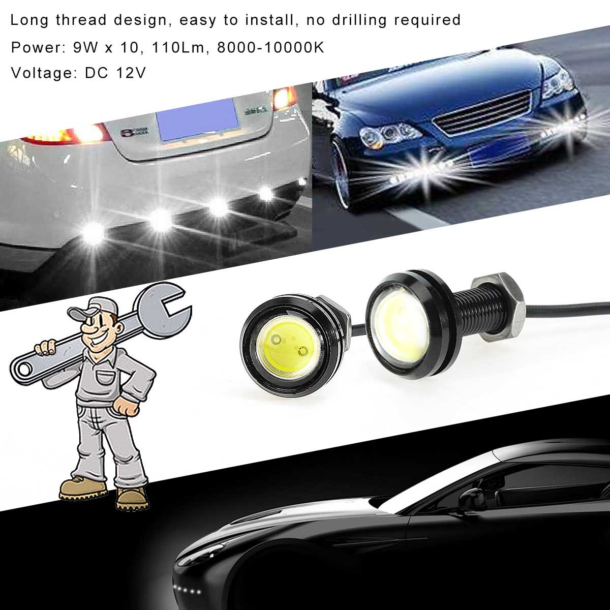 KAWELL 12 Pack Universal High Power White 9w LED Eagle Eye Bumper DRL