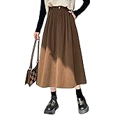 chouyatou Women's Vintage Corduroy A Line Skirt High Elastic Waist Pleated Swing Midi Long Skirt with Pockets