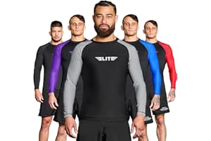 Elite Sports Men's Jiu Jitsu BJJ Rash Guard, Long Full Sleeve Compression Shirt for Sports Nogi Training