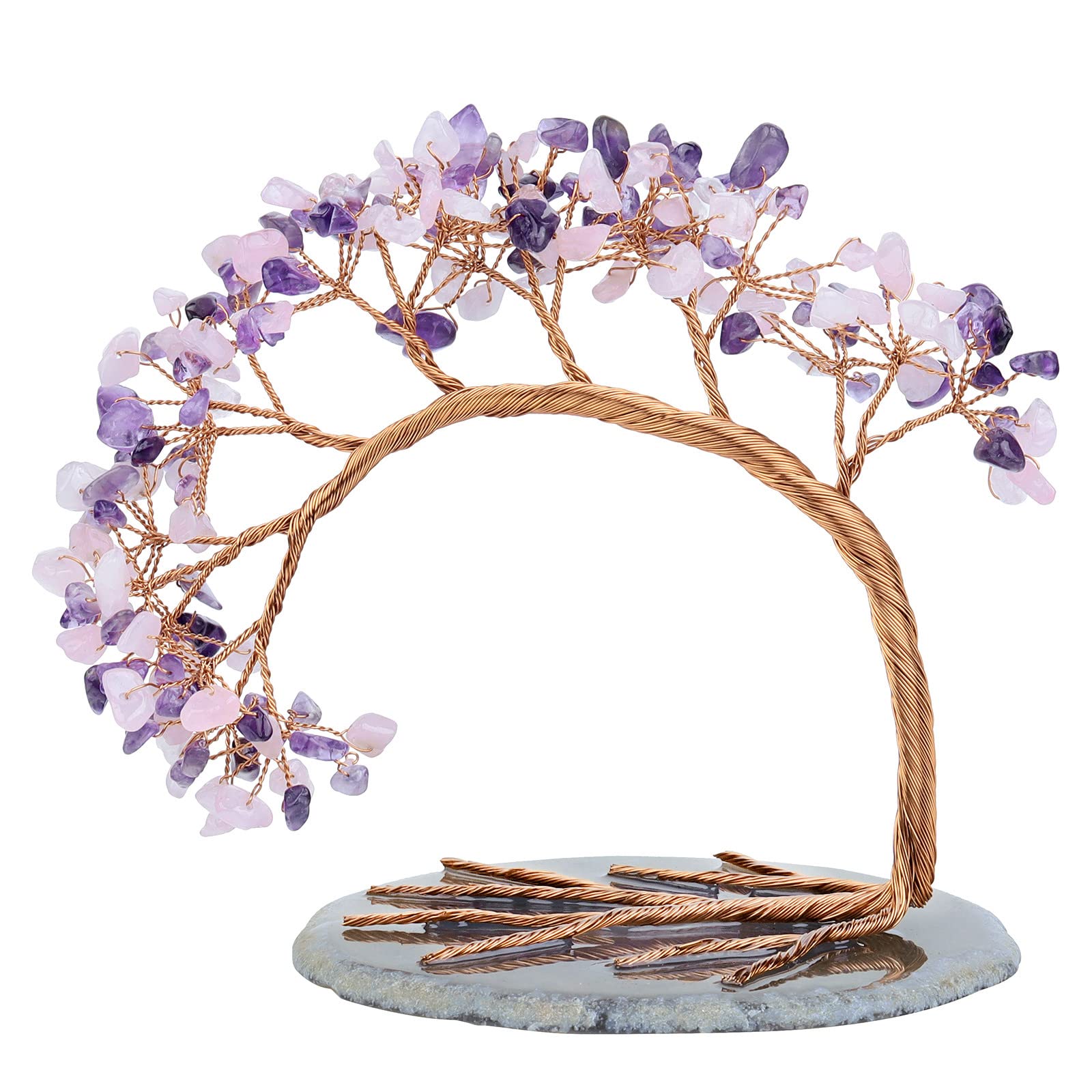 Nupuyai Amethyst & Rose Quartz Crystal Tree with Agate Slice Base, Money Tree Figurines Fengshui Ornament for Home Office Wedding Decoration