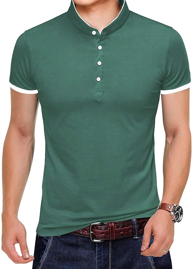 Buy Hugs Polo Men's Cotton Half Sleeve Mandarin Chinese Collar Neck Tshirt (38, Green) at Amazon.in