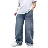 Zeavitt Boy's Kids Baggy Jeans Elastic Waist Pull On Denim Pants Fleece Winter Straight Wide Leg Jeans 6-14 Years