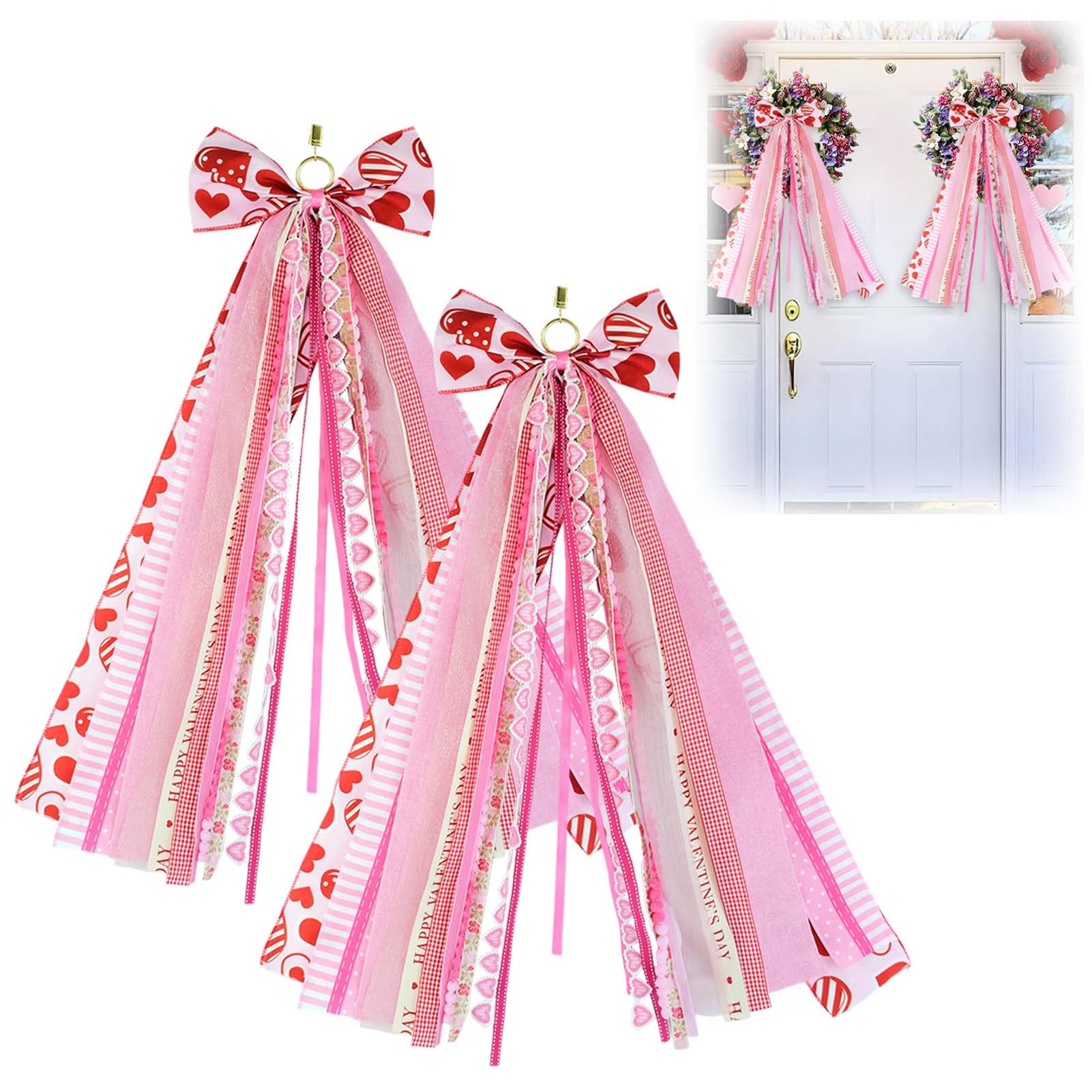Photo 1 of 2 Pack Valentine's Day Wreath Bows Assorted Ribbon for Wreaths 30'' x 20'' Clip-On Wreath Sash Ribbons Bundle Pink Red Love Heart Bow Valentine Decor for Indoor Outdoor Party Yard Home Decor