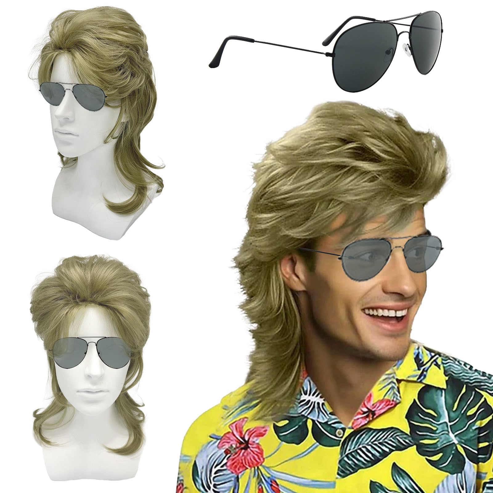 UILYNIU Blonde Mullet Mens 80s Wig Mens Wig for Adult Men's Rocker Hippie Pop Rock for Men Long Curly 70s Costumes Halloween Costumes Carnival Fashion Fancy Them Party(Blonde)