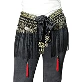 Belly Dance Hip Scarf - Tribal Coins Wave Shape Hip Skirt Belly Dancing Belt Tassel Fringe Shawl Wraps Belts for Women/Girls