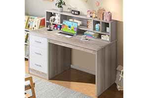 MAVERICKFURNI Kids Study Desk with Drawers, White and Walnut Wooden Children Study Desk with Hutch for Kids, Small Student Writing Drawing Desk with Bookshelf for Home School, Boys and Girls, Chair not Included