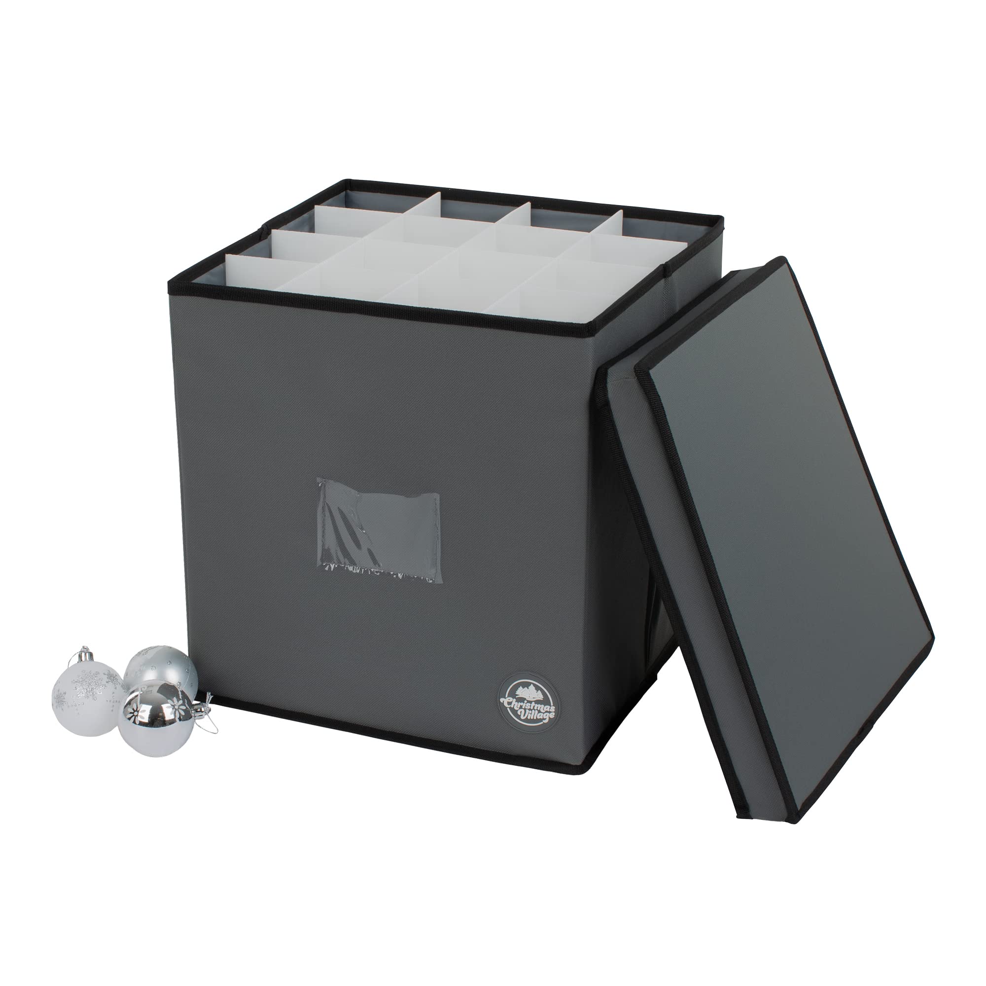 Christmas Village Collapsible Bauble Storage Bag – 600D Fabric Premium Bag for 64 Xmas Tree Decorations – 4 Layer Festive Season Ball Holder Cube with Separator & Carry Handles (Grey, No Tray)