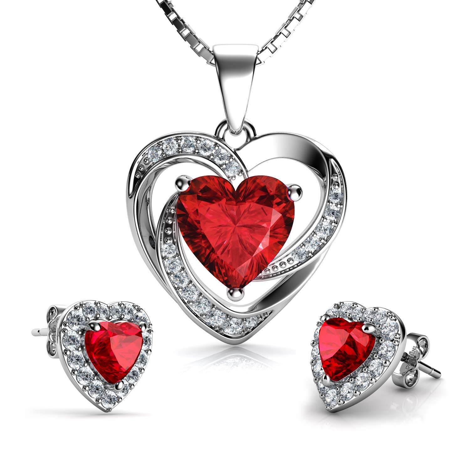 DEPHINI - Jewellery Set Heart Necklaces with stud Earrings - 925 sterling silver Double Hearts Pendant for Women - Cubic Zirconia - Rhodium Plated (Red set) — image 1