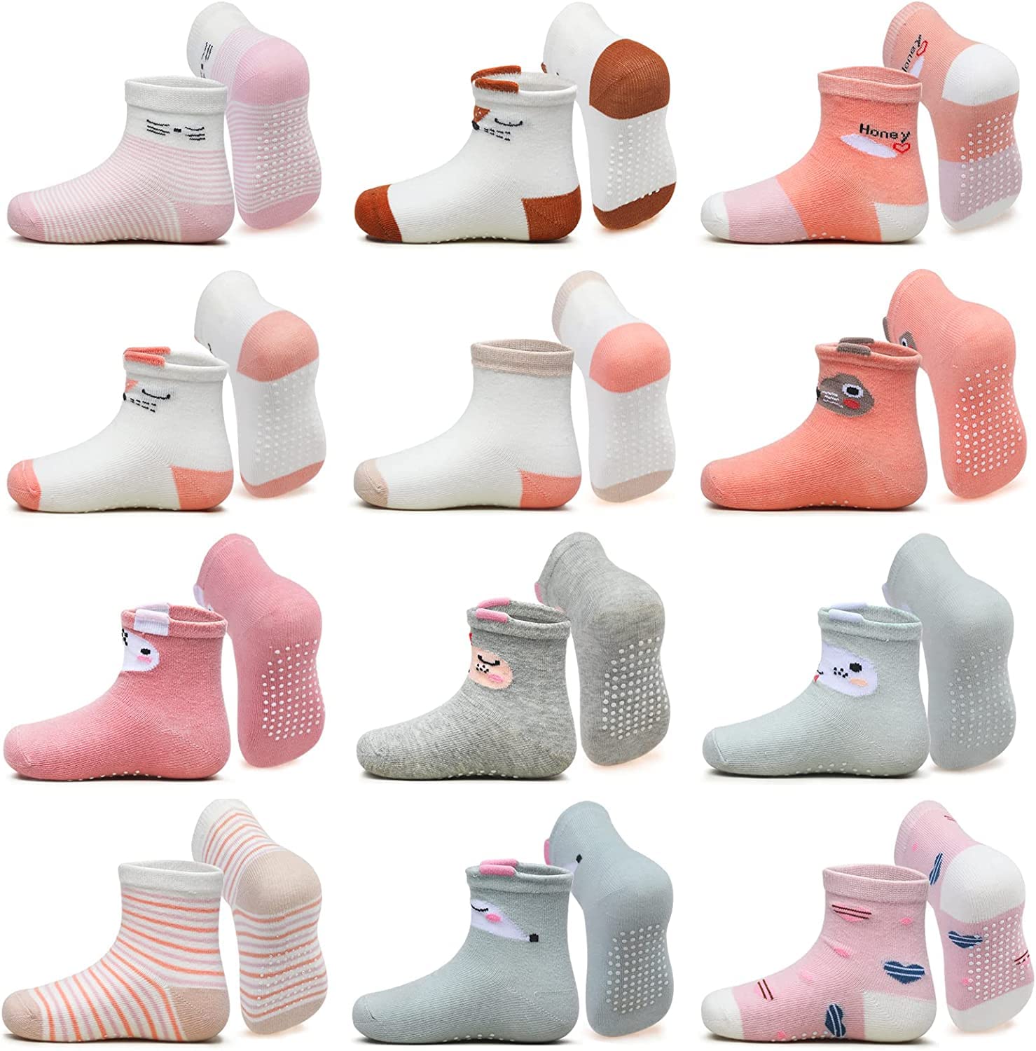Lictin Baby Girls Animal 3D Design Non-Skid Socks - 12 Pairs, Pink/White/Grey/Rose Red, 1-3 Years