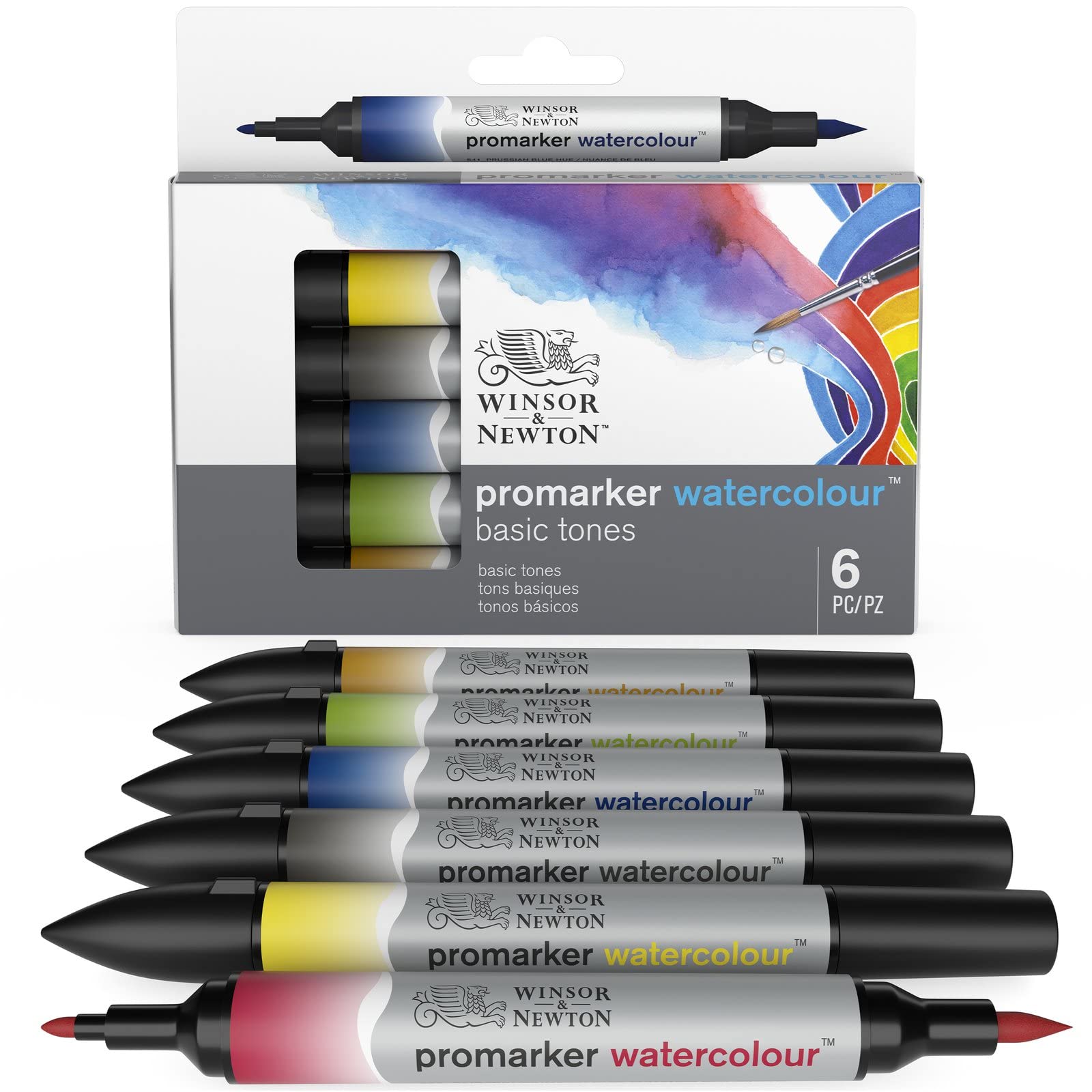 Winsor & Newton,6 - Aquarellmarker im Set,Multicolour 0290164 Watercolour Basic Tones Marker Set, Alizarin Crimson Hue/Cadmium Yellow Hue/Ivory Black/Prussian Blue Hue/Sap Green/Yellow Ochre