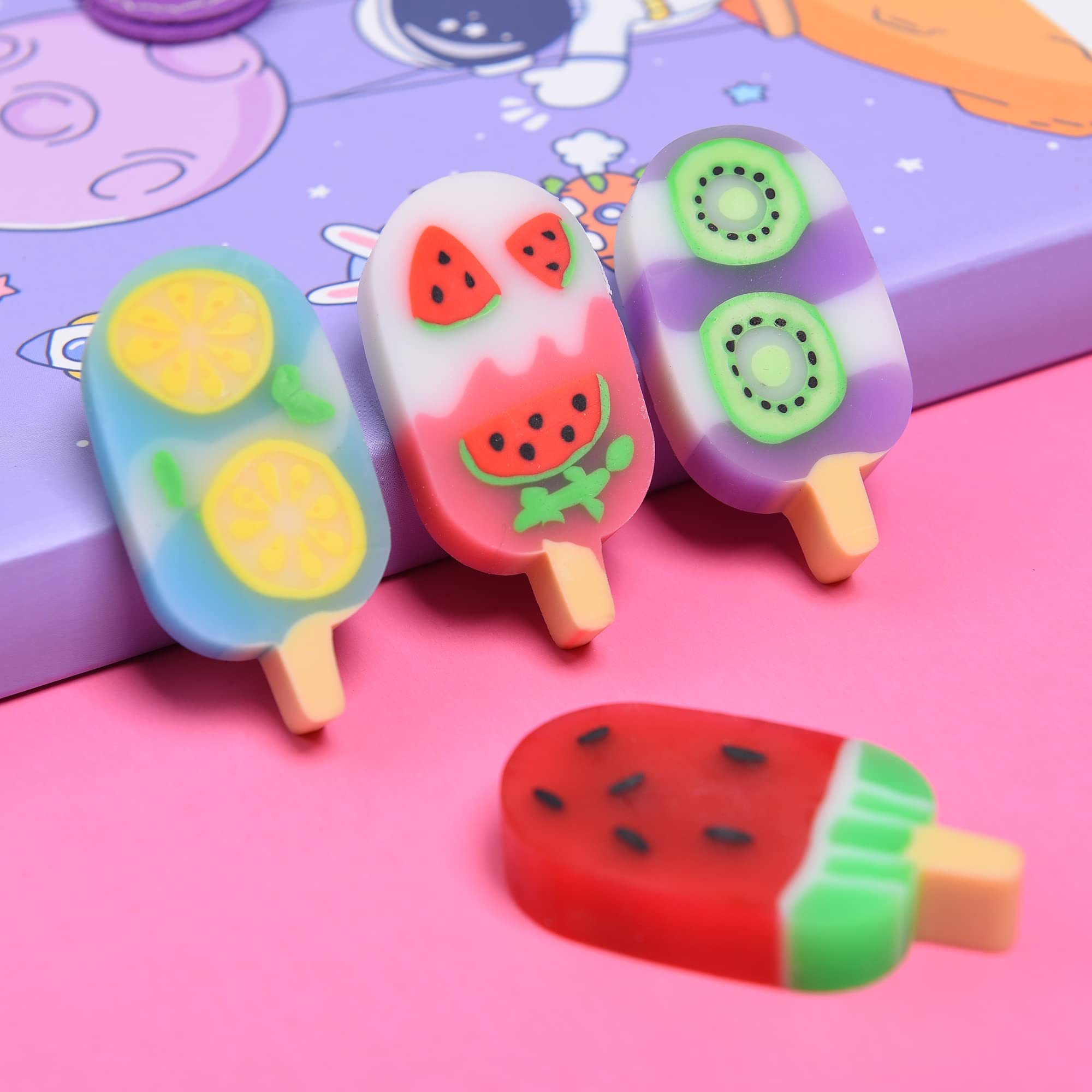 DOMG 16 Pcs Cute Fruit Shaped Ice Cream Erasers for Kids - Fun Food Erasers for Classroom Rewards & Party Favors