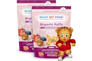 READY, SET, FOOD! Ready Set Food Organic Puffs – Early Allergen Introduction Snack Puffs w/ 9 Top Allergens: Organic Peanut, Cashew, Egg & More, No Added Sugar, Babies 8+ Months (Daniel Tiger Peanut Butter Berry, 2-Pk)