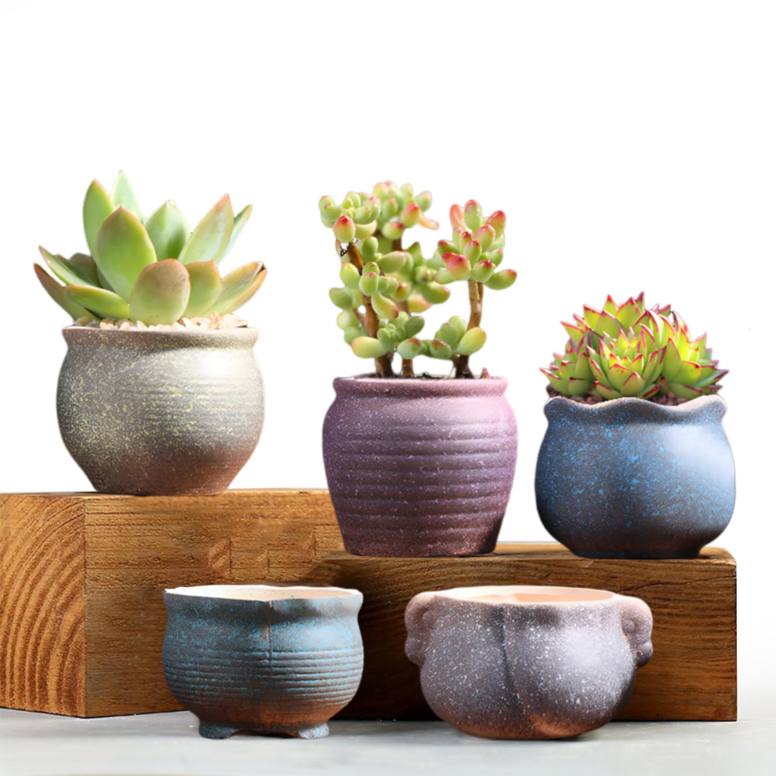 Succulent Pots, Set of 5 Ceramic Flower Pots for Mini Plant Ceramic Flowing Glaze Base Serial Set with Holes, Pretty Decoration for Home, Office, Windowsill (Plants Not Included)