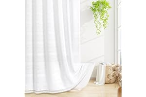 Craidlela Boho Farmhouse Shower Curtain Set with Tassel, Linen Bohemian French Country Chic Bathroom Shower Curtain Set, Fabric Striped Textured Shower Curtain 72x72 - White