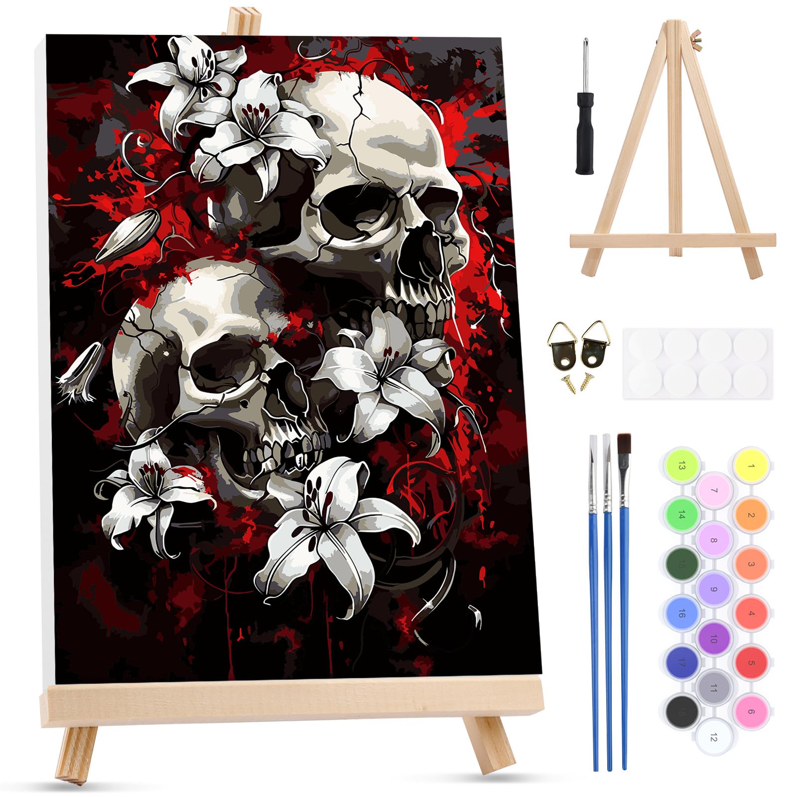 MXJSUA Skulls and Lilies Framed Paint by Numbers Kit for Adults Beginner with Wooden Easel, Adults' Paint-by-Numbers on Canvas, Easy DIY Acrylic Number Painting for Home Decor Gifts, 20x30cm