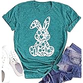 peugryu Easter Various Bunny Shirts for Women Easter Egg Leopard Bunny Graphic Tee Spring Cute Tops, Large