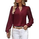ZOOMOON Womens Tops Dressy 2025 Summer Casual Sheer Long Sleeve V Neck Shirts Loose Flowy Business Work Blouses for Women Wine Red L