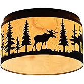 Rustic Flush Mount Ceiling Light with Deer and Bear Elements,2-Light E26 Bulbs Round Metal Parchment Lampshade Fixture for Fa