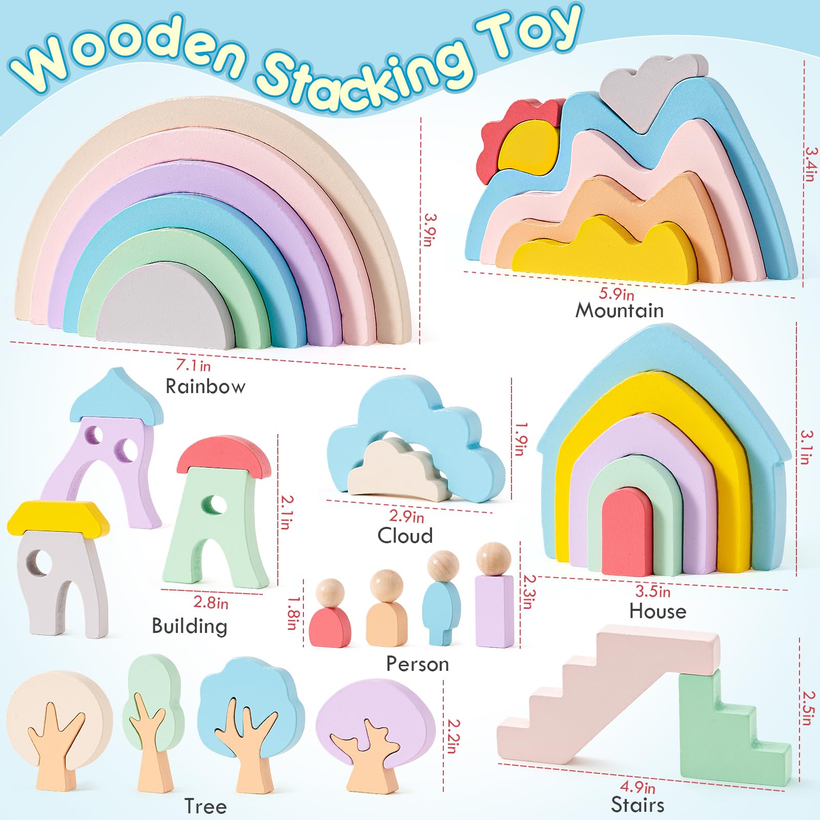 Lewo Wooden Building Blocks for Toddlers, 46 Pcs Montessori Stacking Toys with Rainbow/Little People/Tree/House/Mountain, Learning Toddler Toys Birthday Gifts for Baby Kids 3 4 5 Years Old