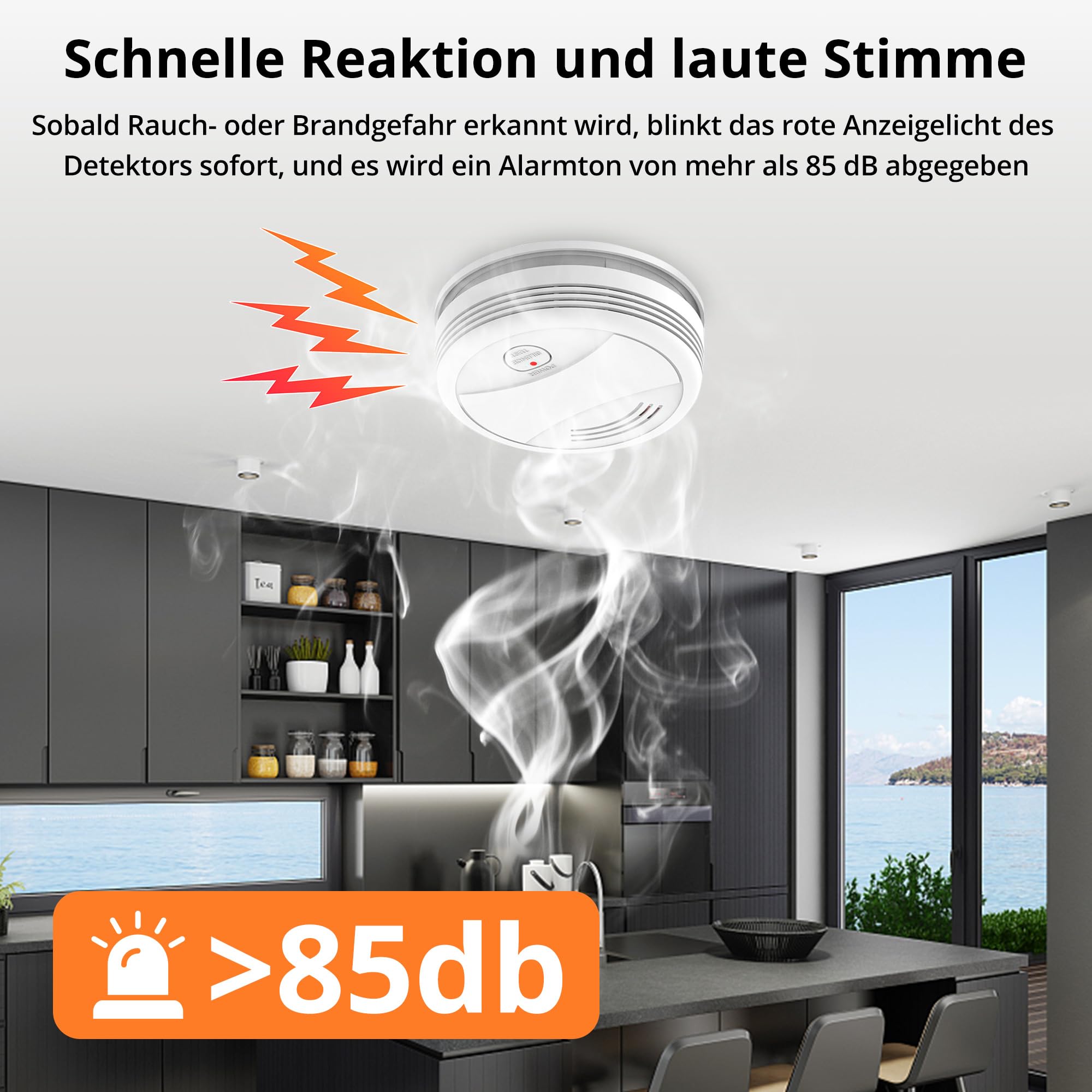 Verbesserter Rauchmelder WLAN mit App und Austauschbarer Batterie, 85dB Rauchmelder Smart Geeignet für Schlafzimmer und Werkstattküche（6 Stück） 6